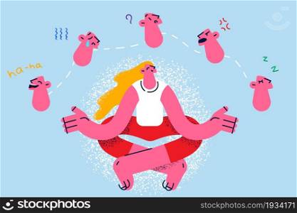 Bipolar disorder and mental health concept. Young woman sitting in lotus pose and choosing mood of day from variety suffering from bipolar disorder illness vector illustration . Bipolar disorder and mental health concept