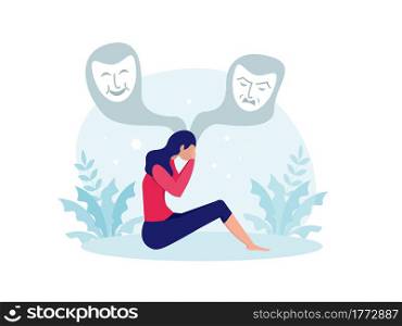 Bipolar disorder, Woman suffers from hormonal with a change in mood. Mental health vector illustration