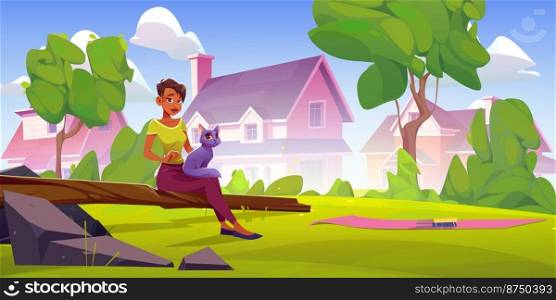 Biracial woman sitting outdoors with cat on laps. Vector cartoon illustration of female character and pet animal having rest in backyard near countryside cottage house, blanket on grass. Summer relax. Biracial woman sitting outdoors with cat on laps