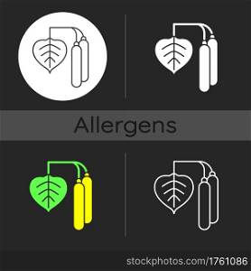 Birch pollen dark theme icon. Tree leaf, botanical earing. Cause of allergic reaction. Common allergen. Allergy for plant. Linear white, simple glyph and RGB color style. Isolated vector illustrations. Birch pollen dark theme icon