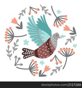 Bird and berries. Hand drawn flying bird in branches and elements of forest, vector illustration of cute singing fowl with wings isolated on white background. Bird and berries