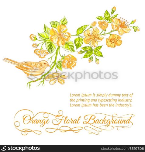Bird and blooming sakura flowers in a vintage style. Vector illustration.