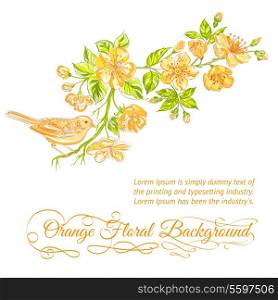 Bird and blooming sakura flowers in a vintage style. Vector illustration.