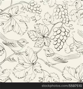 Bird and grape, seamless pattern. Vector illustration.