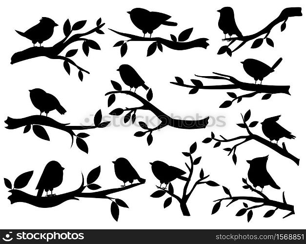 Bird and twig silhouettes. Cute birds and on branch, romantic spring image, black sparrows on tree, garden decor retro art, vector set. Illustration silhouette twig tree and bird on branch. Bird and twig silhouettes. Cute birds and on branch, romantic spring image, black sparrows on tree, garden decor retro art, vector set