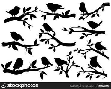 Bird and twig silhouettes. Cute birds and on branch, romantic spring image, black sparrows on tree, garden decor retro art, vector set. Illustration silhouette twig tree and bird on branch. Bird and twig silhouettes. Cute birds and on branch, romantic spring image, black sparrows on tree, garden decor retro art, vector set