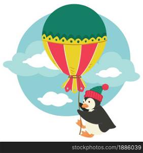 Bird character holding big vintage balloon on thread. Penguin with decoration for xmas, christmas and winter holidays celebration. Adorable personage in knitted warm hat, vector in flat style. Penguin wearing kitted hat holding big balloon