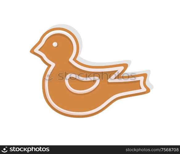 Bird cookie made of gingerbread for Christmas celebration vector. Isolated icon of gingerbread biscuit with topping creamy foam in shape of birdie. Bird Cookie Made of Gingerbread for Christmas