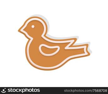 Bird cookie made of gingerbread for Christmas celebration vector. Isolated icon of gingerbread biscuit with topping creamy foam in shape of birdie. Bird Cookie Made of Gingerbread for Christmas