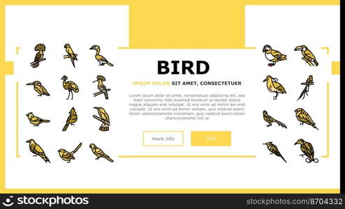 bird exotic animal nature wild landing web page vector. tropical wildlife, blue green jungle, beautiful parrot, colorful wing, flower bird exotic animal nature wild Illustration. bird exotic animal nature wild landing header vector