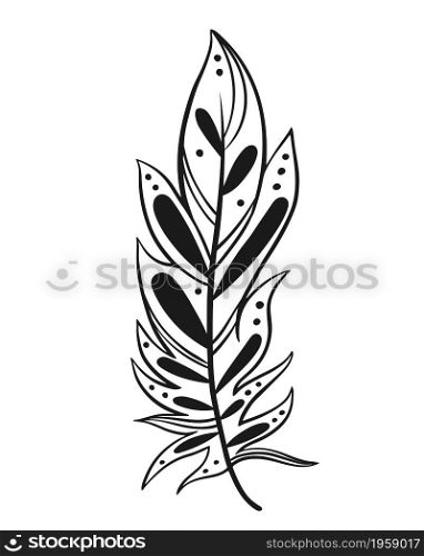 Bird feather decorated with patterns and elements, vector illustration. Isolated black graphic designer bird feather on white background.. Bird feather decorated with patterns and elements, vector illustration.
