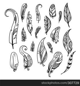 Bird feathers. Hand drawing indian elements set isolate on white. Boho style indian feather, ethnic drawing sketch feather. Vector illustration. Bird feathers. Hand drawing indian elements set isolate on white. Boho style