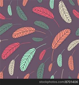 Bird feathers seamless pattern. Easter pattern with chicken feathers. Vector flat illustration. Design for textiles, packaging, wrappers, greeting cards, paper, printing.. Bird feathers pattern.Easter pattern with feathers