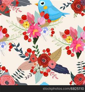 Bird floral background pattern, flower, seamless