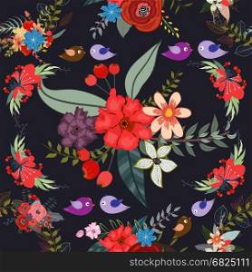 Bird floral background pattern, flower, seamless