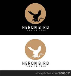 Bird Heron Stork Logo Design, Birds Heron Flying On The River Vector, Product Brand Illustration