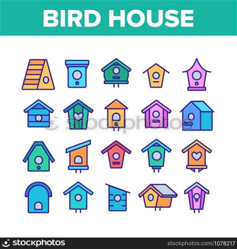 Bird House Collection Elements Icons Set Vector Thin Line. Different Style Wooden Bird House, Shelter For Nestling On Tree Concept Linear Pictograms. Color Contour Illustrations. Bird House Collection Elements Icons Set Vector