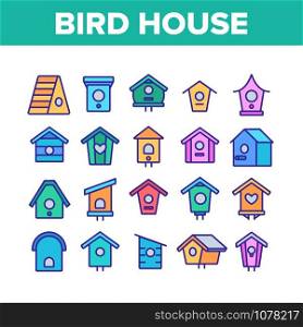 Bird House Collection Elements Icons Set Vector Thin Line. Different Style Wooden Bird House, Shelter For Nestling On Tree Concept Linear Pictograms. Color Contour Illustrations. Bird House Collection Elements Icons Set Vector