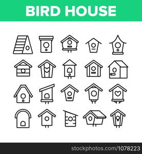 Bird House Collection Elements Icons Set Vector Thin Line. Different Style Wooden Bird House, Shelter For Nestling On Tree Concept Linear Pictograms. Monochrome Contour Illustrations. Bird House Collection Elements Icons Set Vector