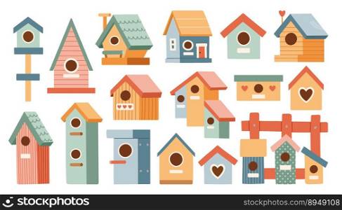 Bird houses set vector illustration. Cartoon cute colorful birdhouses collection, feeder on garden tree