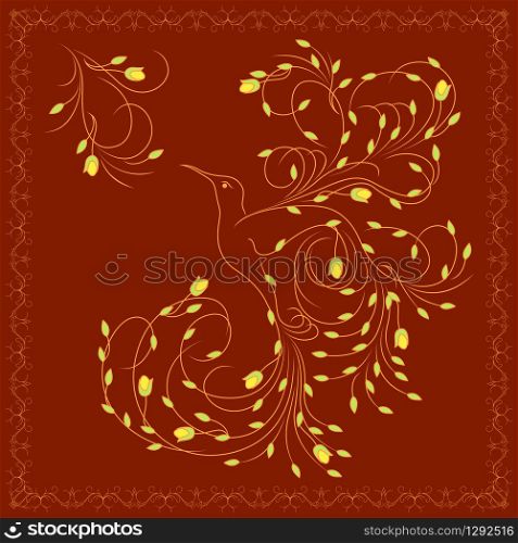 bird, illustration, animal, flying, fly, wing, tail, wavy, lines, orange, color, yellow, background, framed, frame, floral, abstract, decoration, postcard, cover, beauty, luxury, decor, silhouette, flight, nature, leaf, foliage, flower, spring, summer, feather, leafage, drawing, art, product, fashioned, color, plant, swirl, pattern, Victorian, style, idea, creative, freedom, vintage, garnish, embellishment, vector, long