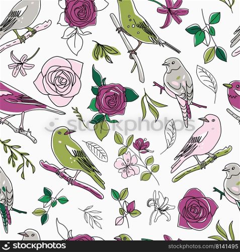 Bird illustration. Collection of cute hand drawn bird doodles. Line style in minimalism on white vector picture. Seamless pattern. Birds nature animals illustration. Cute hand drawn bird and flowers doodles. Line style in minimalism. Vector picture.