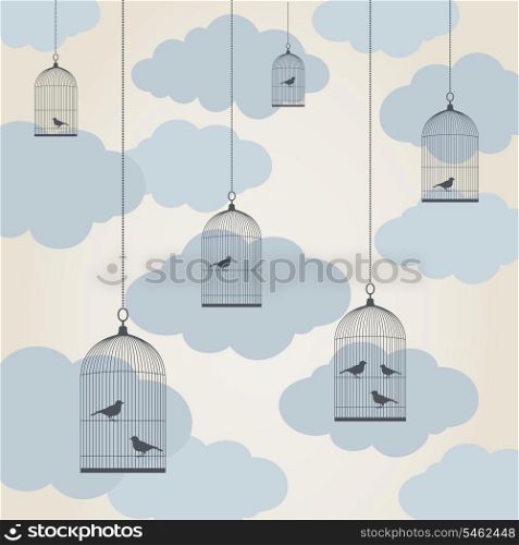 Bird in a cage against the sky. A vector illustration