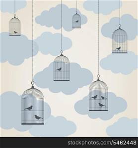 Bird in a cage against the sky. A vector illustration