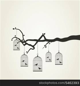 Bird in a cage on a tree branch. A vector illustration