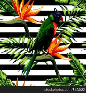 Bird in the painting parrot sits on a flower of paradise Strelitzia in floral tropic jungle with banana palm leaf wallpaper. On the geometric black and white stripe background. Seamless vector pattern
