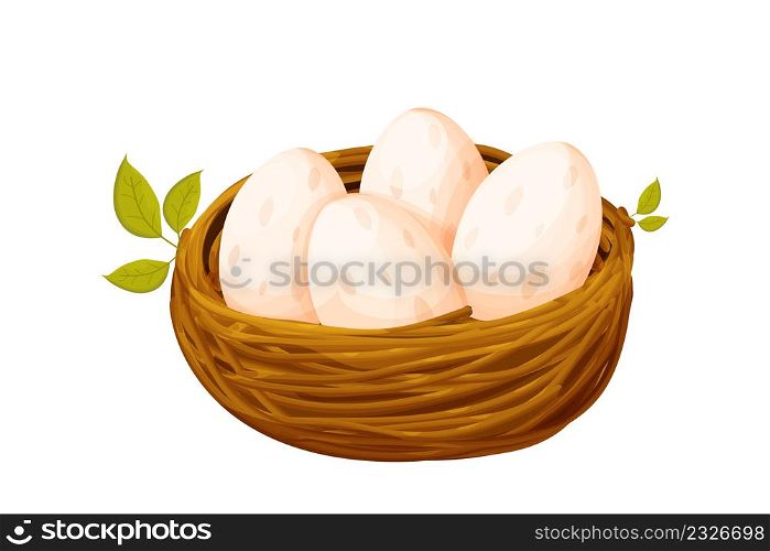 Bird nest from sticks with eggs decorated with leaves in cartoon style isolated on white background. Spring clip art, nestling. new life. Vector illustration