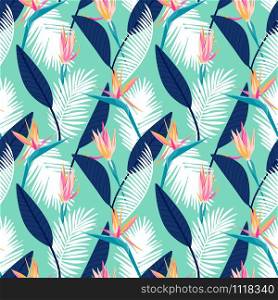Bird of paradise tropical floral seamless pattern with trends fashion colors. Pantone color of the year 2020 aqua menthe