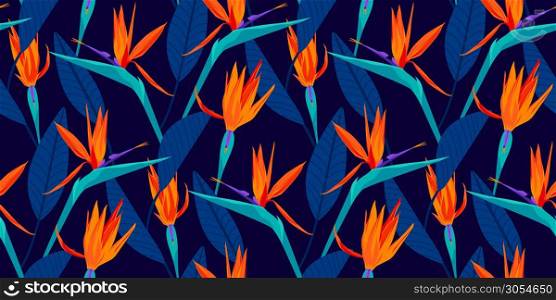 Bird of paradise tropical floral seamless pattern with trends fashion colors. Pantone color of the year 2020, lush lava, aqua menthe and phantom blue