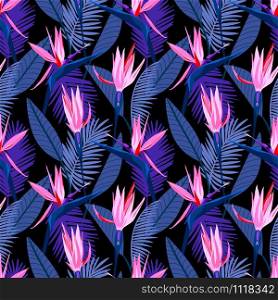 Bird of paradise tropical floral seamless pattern with trends hot fashion color