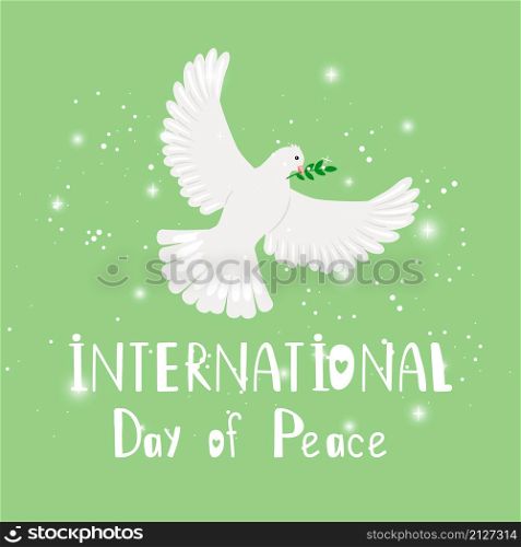 Bird of peace. Symbol of christmas or wedding, pigeon of hope with olive branch, vector illustration concept of international day of peace. Bird of peace