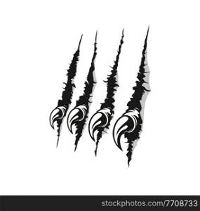 Bird of prey claw marks scratches vector background. Predator animal, dangerous wild beast or mysterious monster breaking through sheet of white paper, scratching and shredding wall with sharp claws. Bird, animal or monster sharp claw marks on paper