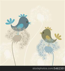 Bird on a dandelion. Two birdies sit on dandelions. A vector illustration