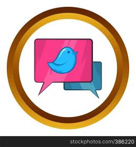 Bird on a speech bubble vector icon in golden circle, cartoon style isolated on white background. Bird on a speech bubble vector icon