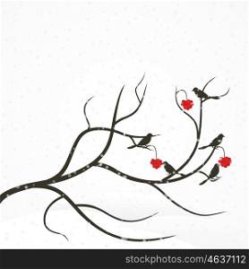Bird on branch of Rowan. Vector illustration