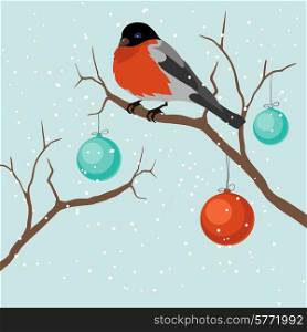 Bird on tree in Christmas. A vector illustration.. Bird on tree in Christmas. A vector illustration