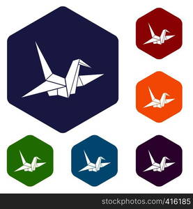 Bird origami icons set rhombus in different colors isolated on white background. Bird origami icons set