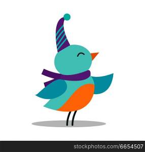 Bird wearing blue hat and purple scarf, happy small creature in warm clothes singing carols vector illustration isolated on white background. Bird with Hat and Scarf on Vector Illustration