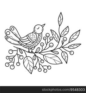 Bird with Christmas berries, holly. Vector illustration. outline hand drawing. Xmas design , holiday card, decor, coloring
