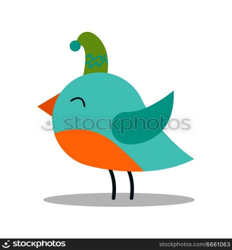 Bird with closed eyes, wearing green hat, that is represented on poster, image and shadow beneath birdie, on vector illustration isolated on white. Bird with Closed Eyes on Vector Illustration