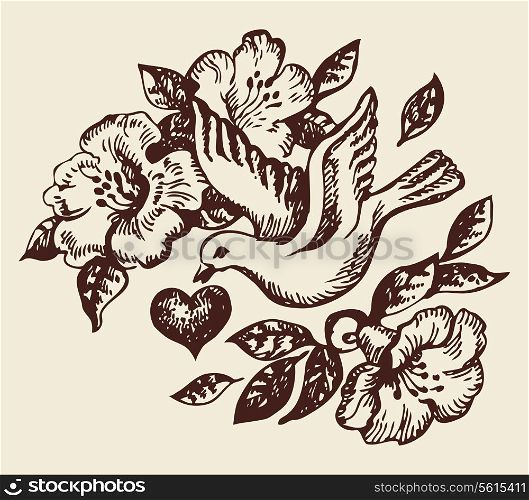 Bird with heart and flowers. Hand-drawn illustration