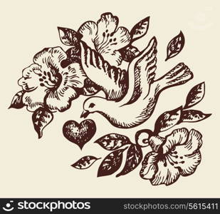 Bird with heart and flowers. Hand-drawn illustration