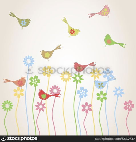 bird3. Birds fly over a glade with plants. A vector illustration