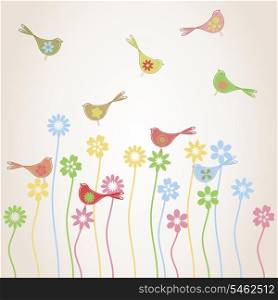 bird3. Birds fly over a glade with plants. A vector illustration