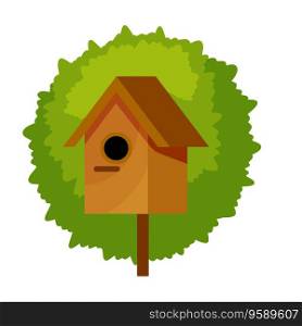 Birdhouse hanging on tree. House for birds. Spring nest of forest animal. Scenery of forest. Cute spring illustration. Birdhouse hanging on tree. House for birds