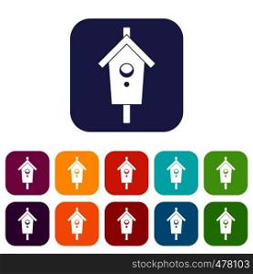 Birdhouse icons set vector illustration in flat style in colors red, blue, green, and other. Birdhouse icons set